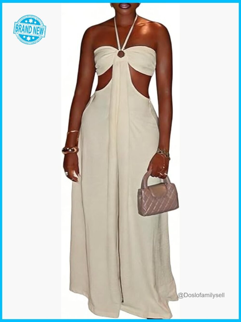 Wide Leg Halter Jumpsuit Loose Fit Maxi Length Stretchable Sleeveless Casual